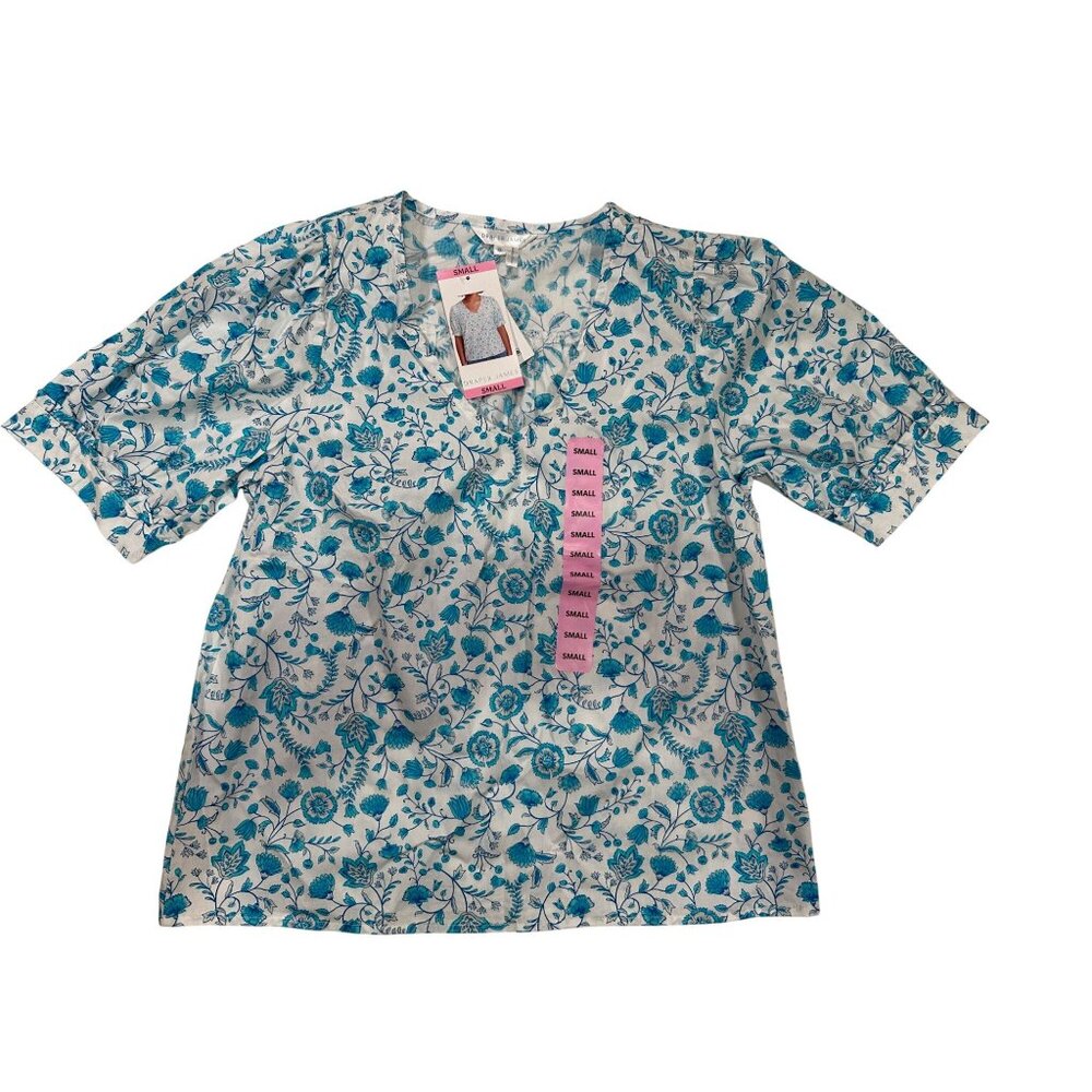 Draper James V-Neck Puff Sleeve Top Women’s Small Blue Paisley Lightweight Shirt